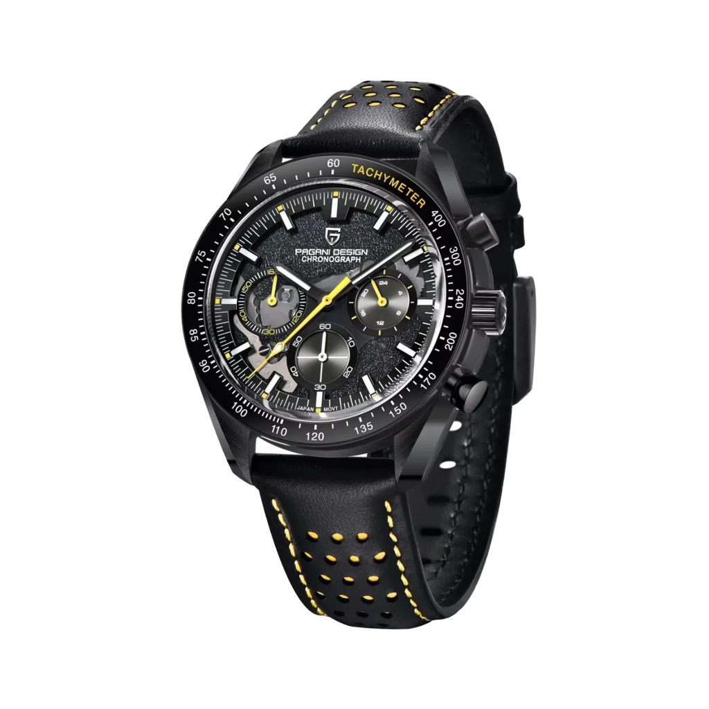 PAGANI DESIGN PD-1779 skeleton chronograph watch with black dial and yellow accents angled view