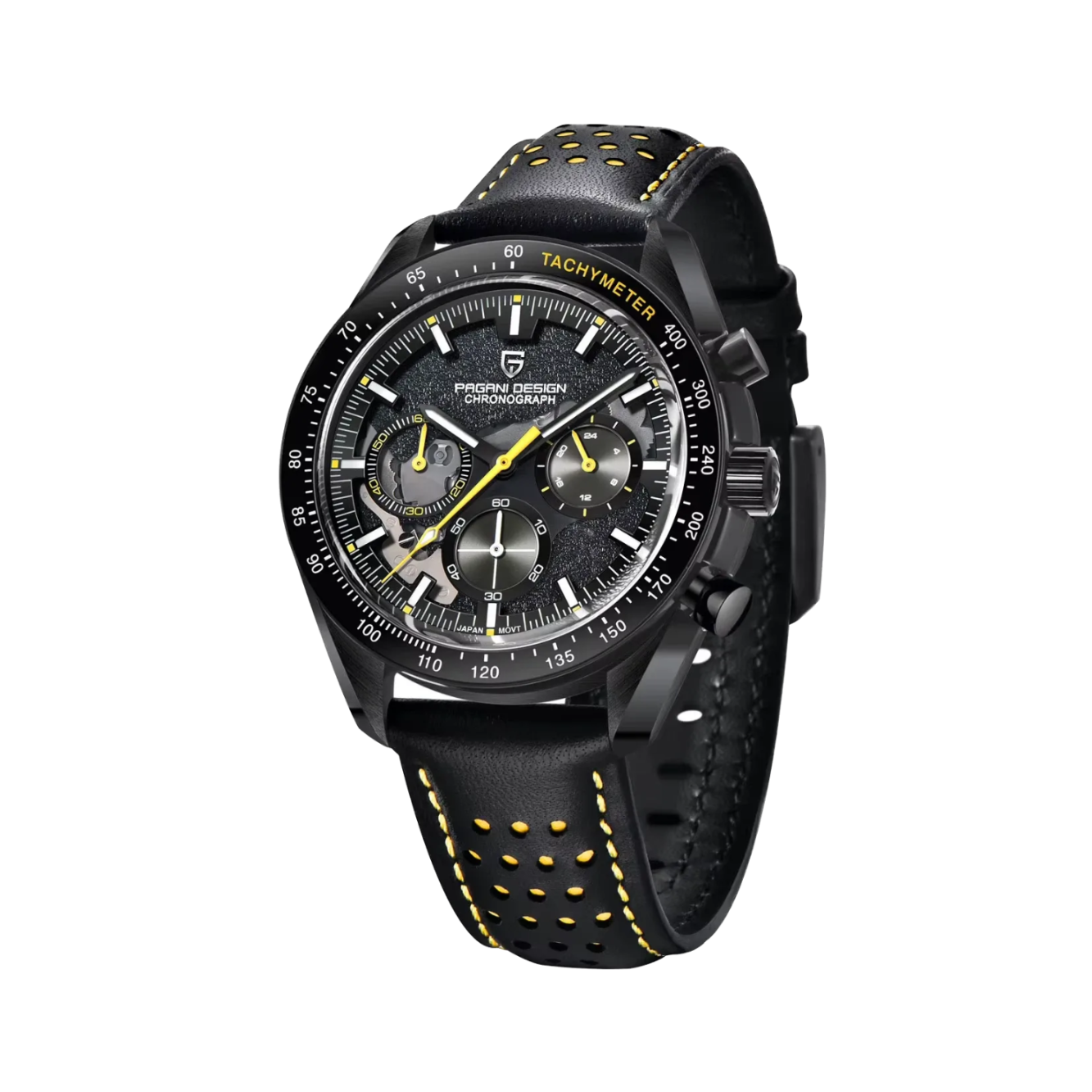 PAGANI DESIGN PD-1779 skeleton chronograph watch with black dial and yellow accents angled view