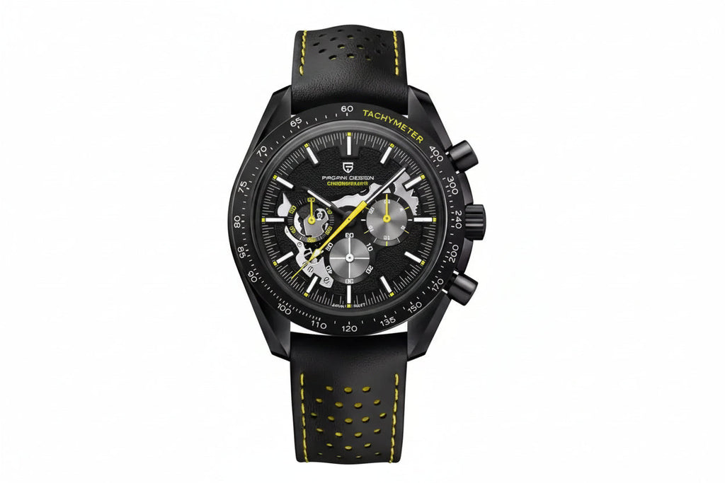 PAGANI DESIGN PD-1779 skeleton chronograph watch with black dial and yellow accents front view
