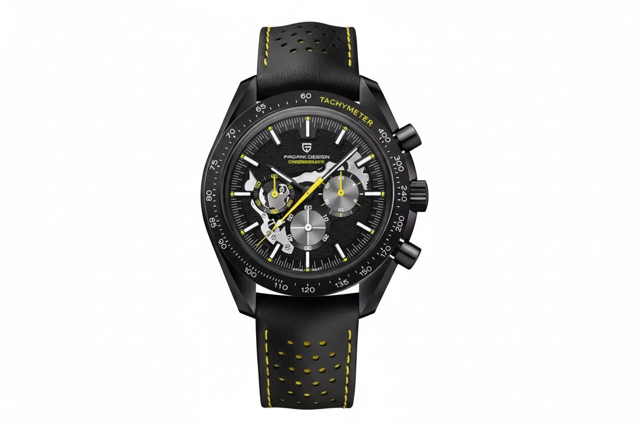 PAGANI DESIGN PD-1779 skeleton chronograph watch with black dial and yellow accents front view
