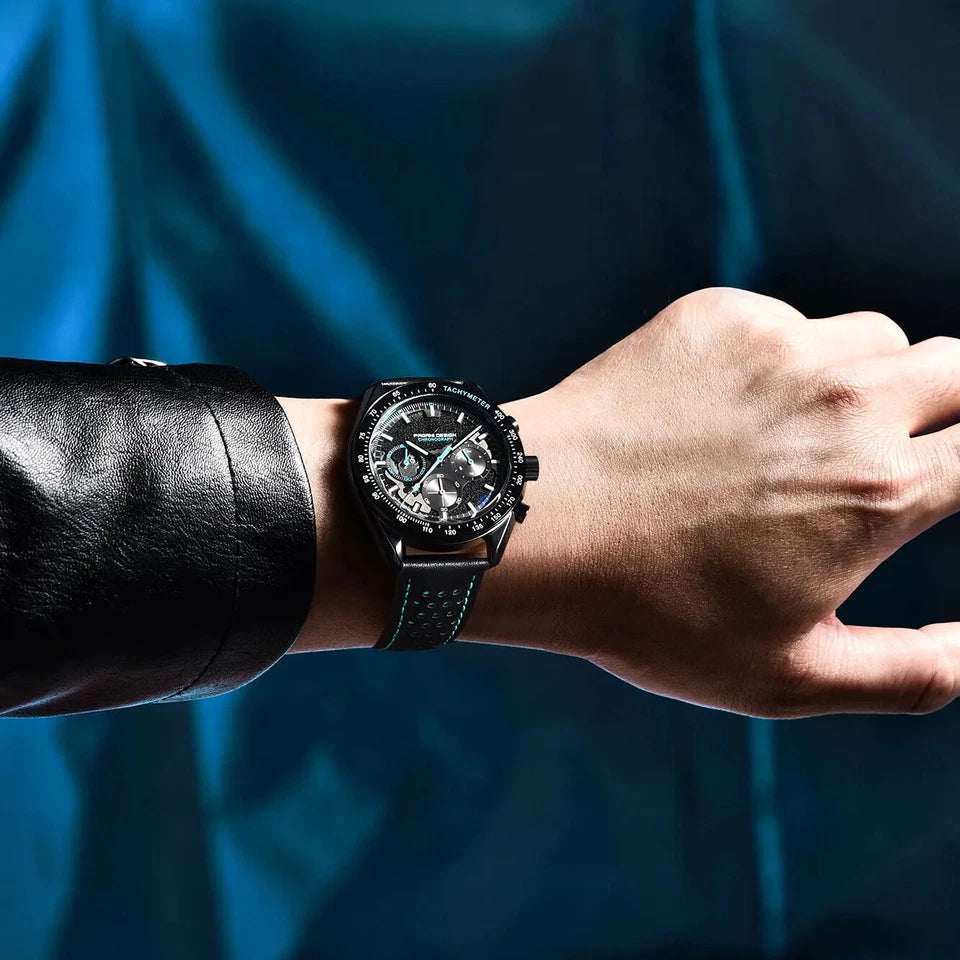 PAGANI DESIGN PD-1779 Lunar Watch skeleton chronograph black worn on wrist with leather sleeve
