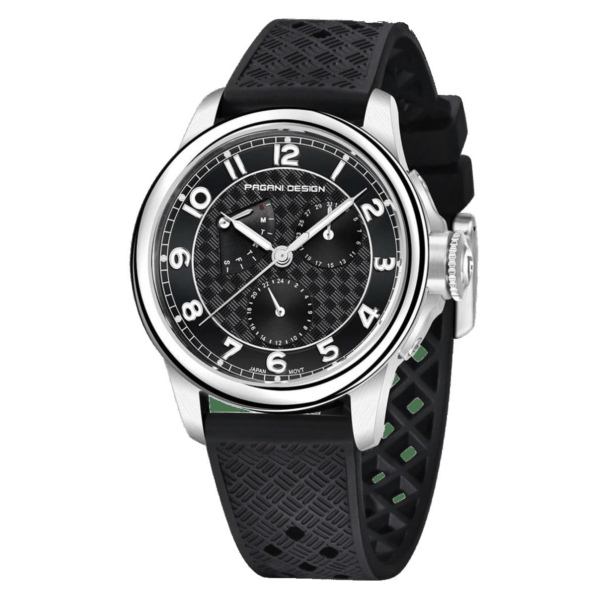 Pagani Design PD-1780 black dial multi-eye watch on black textured rubber strap, steel case