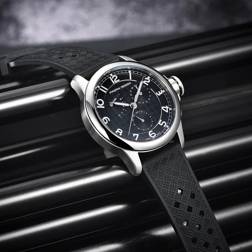 Pagani Design PD-1780 black dial angle showing fluted crown, subdials and perforated rubber strap