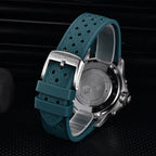 Pagani Design PD-1780 teal rubber strap with engraved steel pin buckle and solid caseback in view