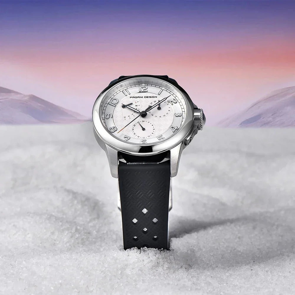 Pagani Design PD-1780 white dial on black rubber strap photographed in snow at sunset