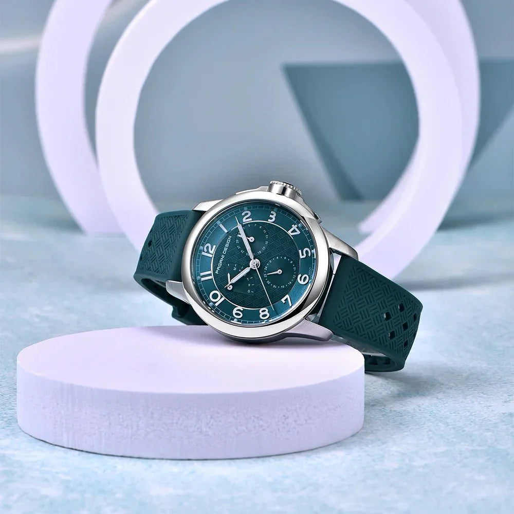 Pagani Design PD-1780 teal blue dial on teal rubber strap styled on a pastel studio plinth