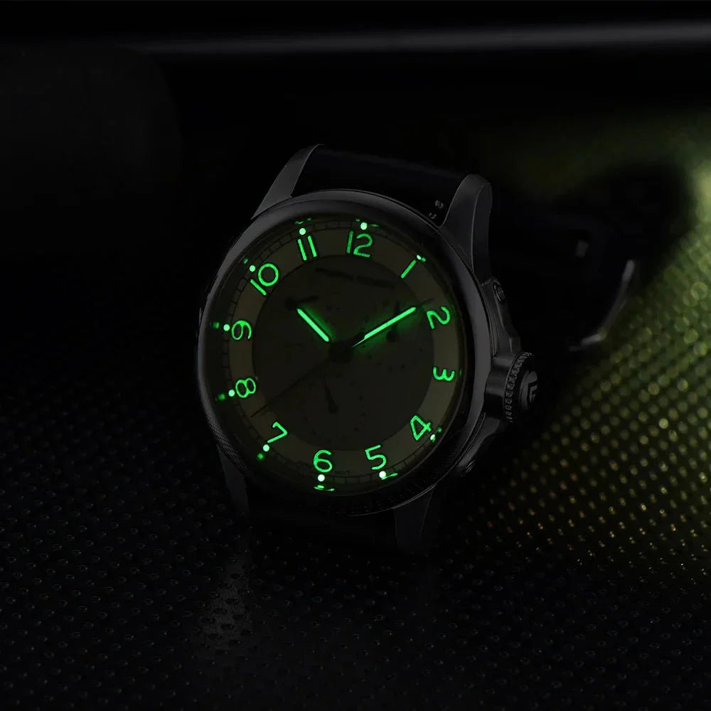 Pagani Design PD-1780 lume shot with green glowing Arabic numerals and hands in the dark