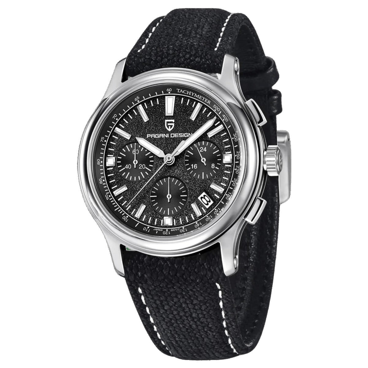 Pagani Design PD-1781 black dial 40mm chronograph, steel case and black canvas strap