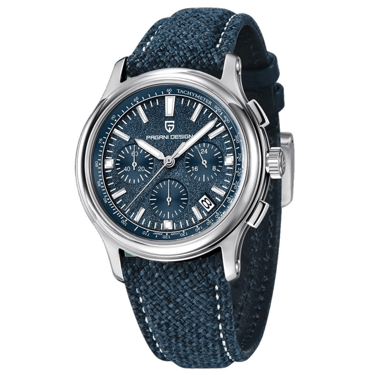 Pagani Design PD-1781 blue dial chronograph with tachymeter scale and blue canvas strap