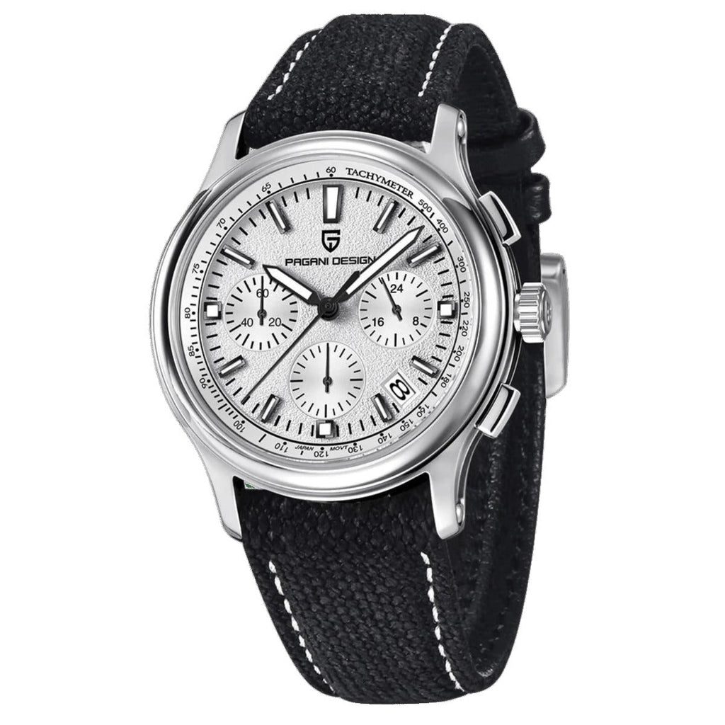 Pagani Design PD-1781 silver-white dial chronograph on a black canvas strap, steel case