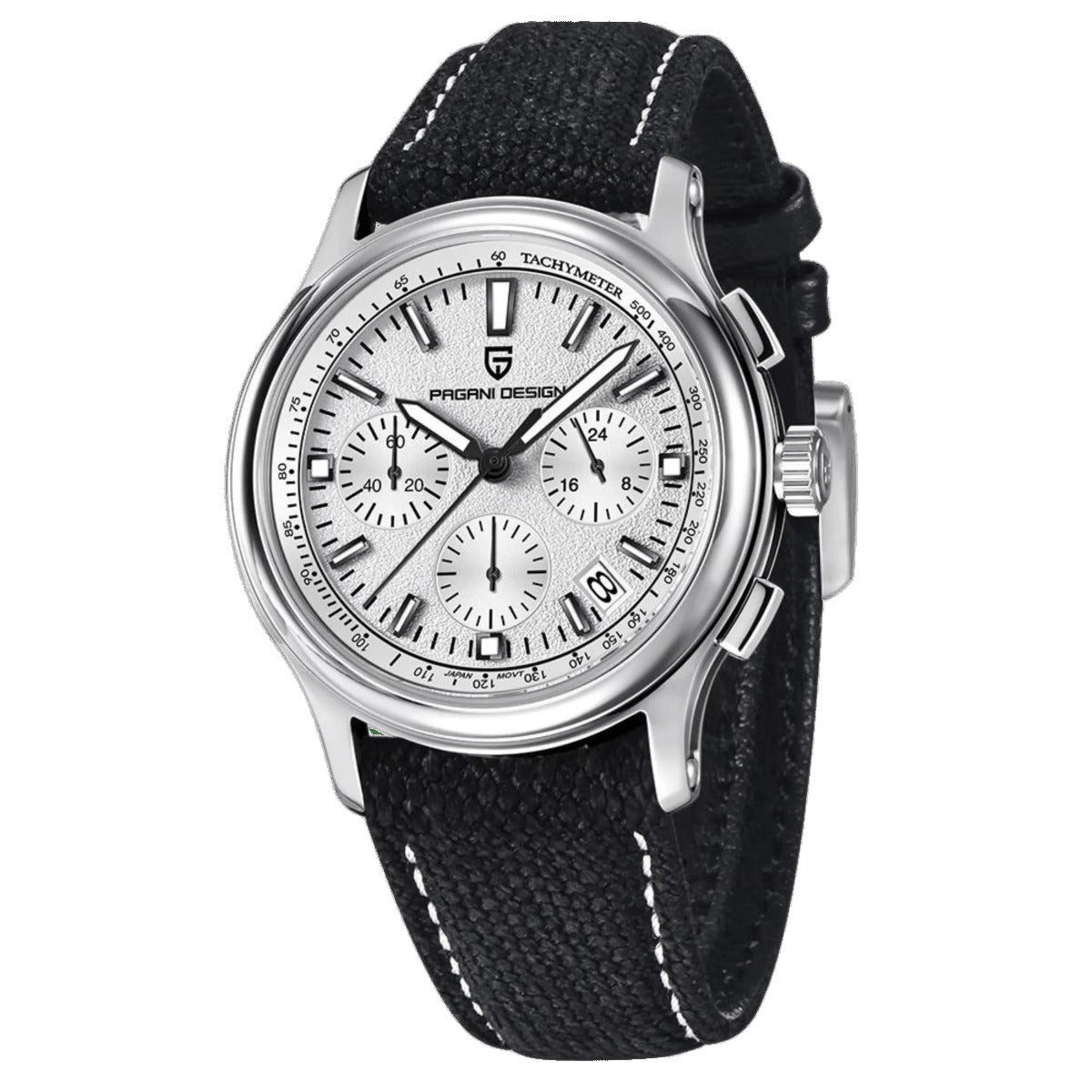 Pagani Design PD-1781 silver-white dial chronograph on a black canvas strap, steel case