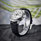 Pagani Design PD-1781 white dial chronograph stood upright, black canvas strap and buckle