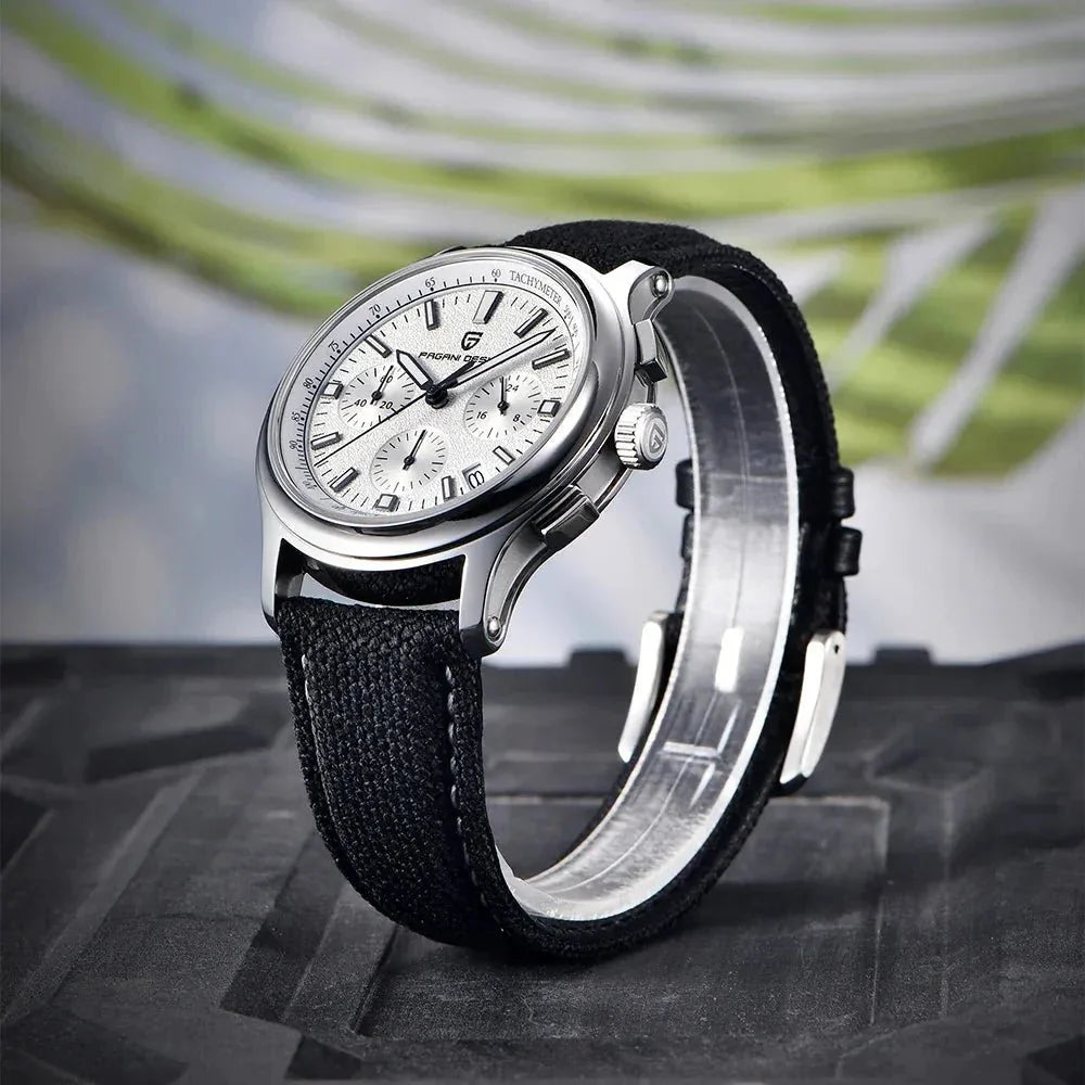 Pagani Design PD-1781 white dial chronograph stood upright, black canvas strap and buckle
