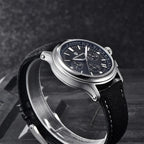 Pagani Design PD-1781 navy dial chronograph at an angle showing the tachymeter scale