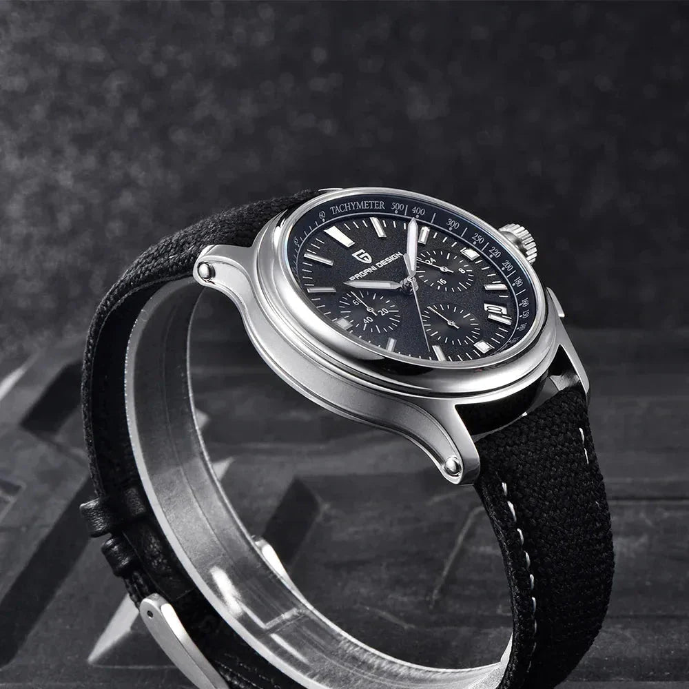 Pagani Design PD-1781 navy dial chronograph at an angle showing the tachymeter scale