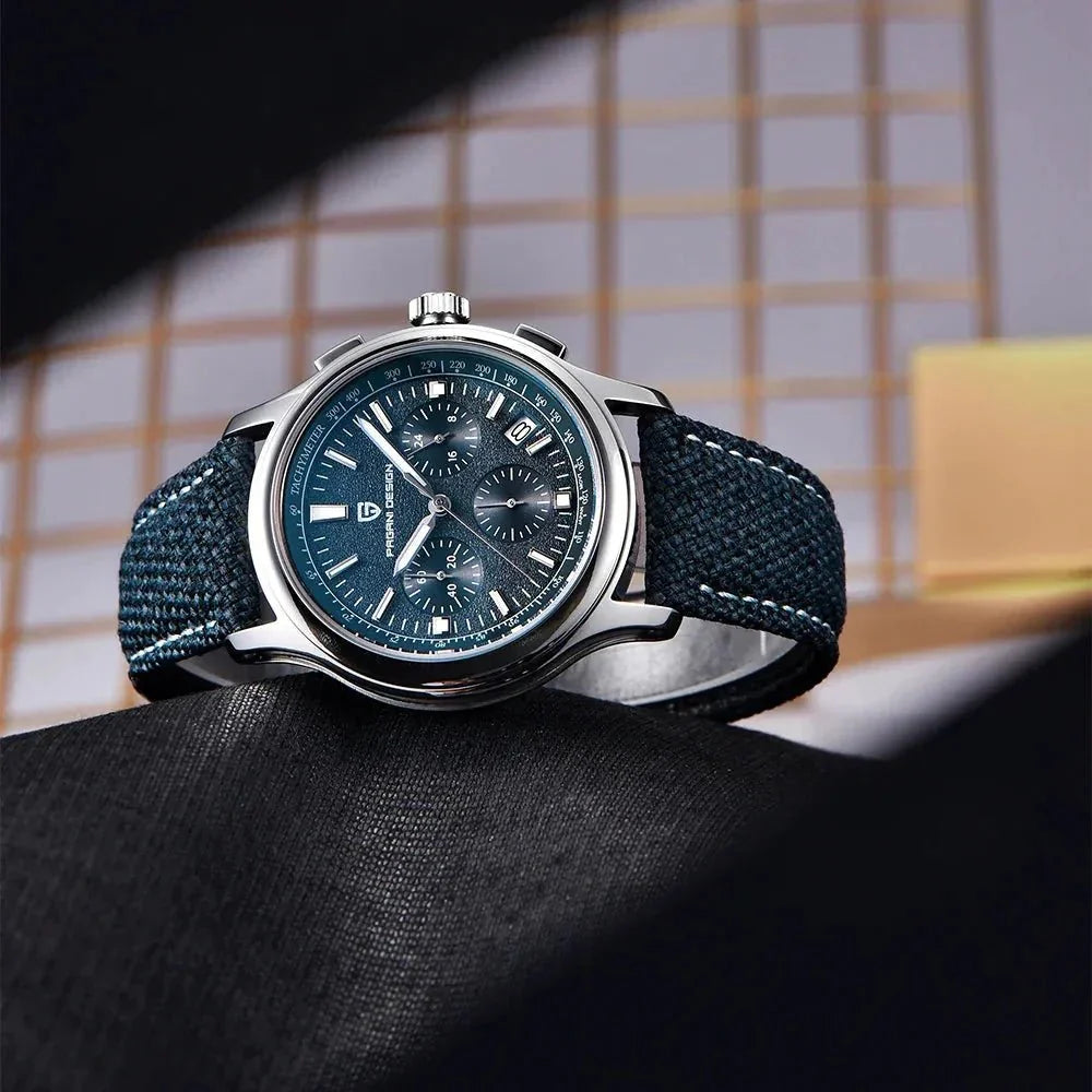 Pagani Design PD-1781 blue chronograph angled to show its date window and pump pushers