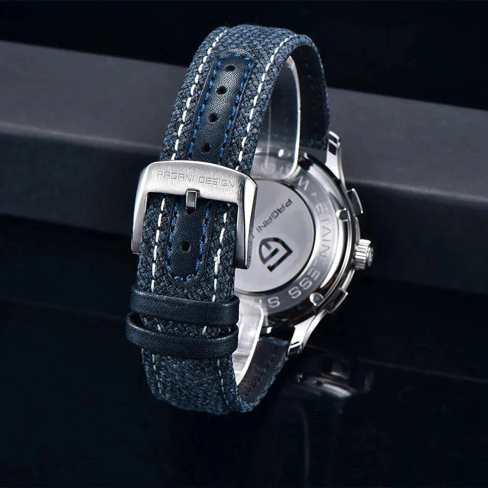 Pagani Design PD-1781 signed stainless steel pin buckle on the blue canvas strap