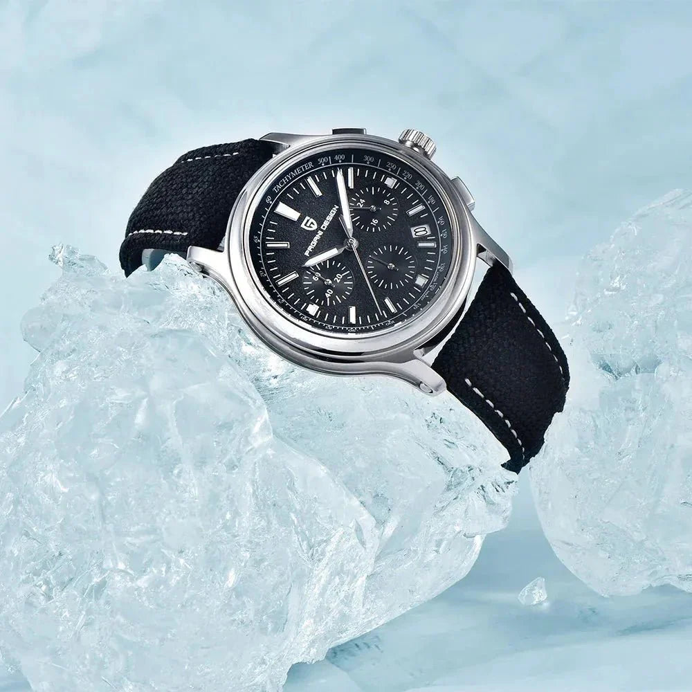 Pagani Design PD-1781 black dial chronograph resting on ice with its black canvas strap