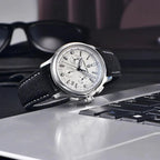 Pagani Design PD-1781 silver dial chronograph on a laptop, showing its polished 40mm case