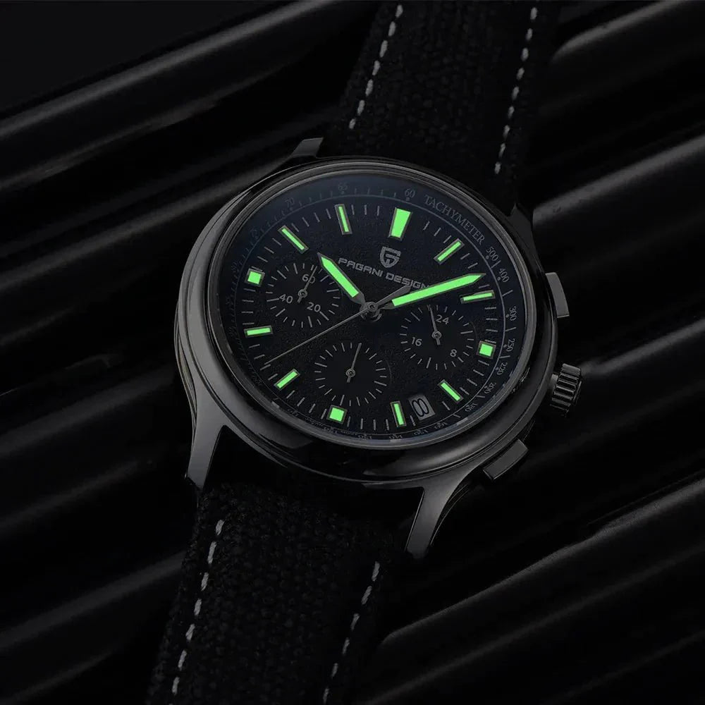 Pagani Design PD-1781 lume shot with green glowing hands and hour indices in the dark