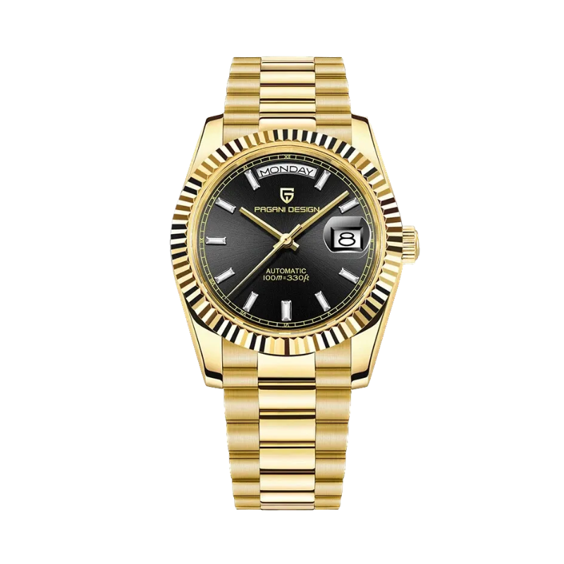 PAGANI DESIGN PD-1783 automatic watch with black dial and gold bracelet front view