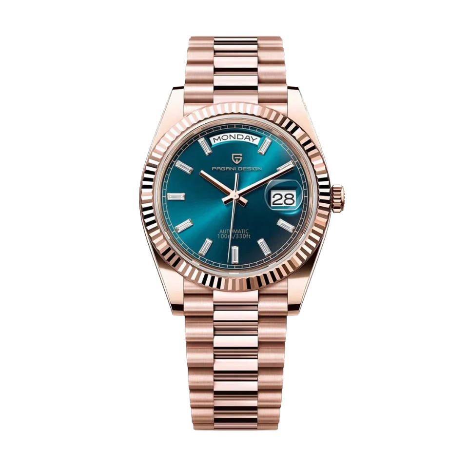 PAGANI DESIGN PD-1783 automatic watch with teal blue dial and rose gold bracelet front view