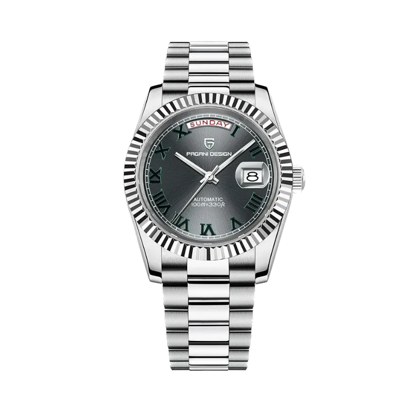 PAGANI DESIGN PD-1783 automatic watch with gray dial and silver bracelet front view