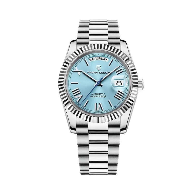 PAGANI DESIGN PD-1783 automatic watch with ice blue dial and silver bracelet front view