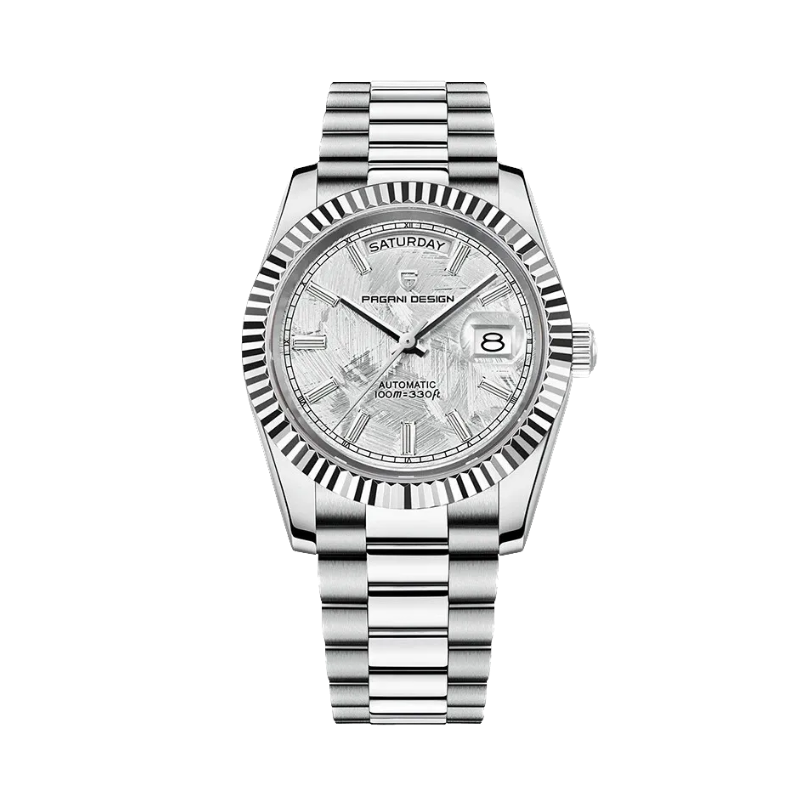PAGANI DESIGN PD-1783 automatic watch with silver meteorite dial and silver bracelet front view