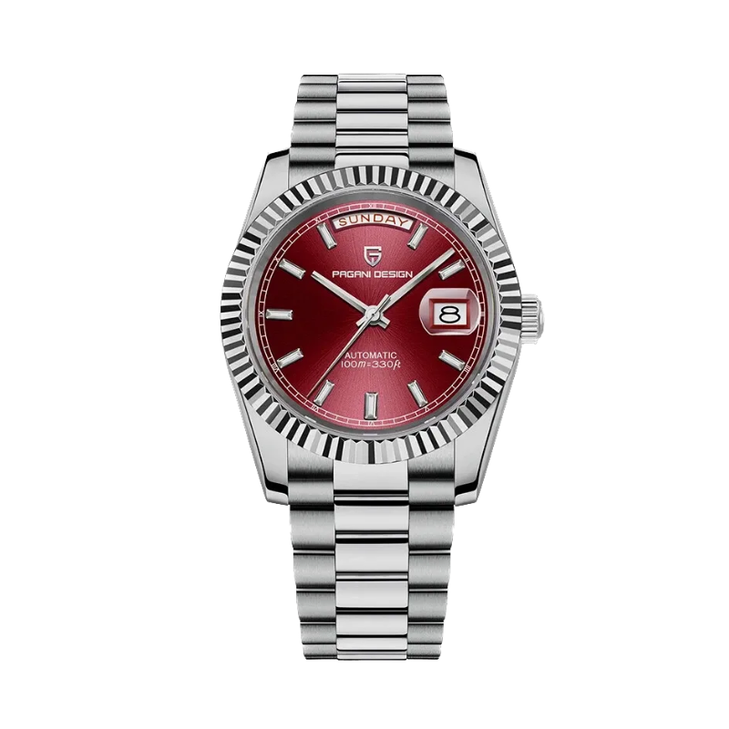 PAGANI DESIGN PD-1783 automatic watch with red dial and silver bracelet front view