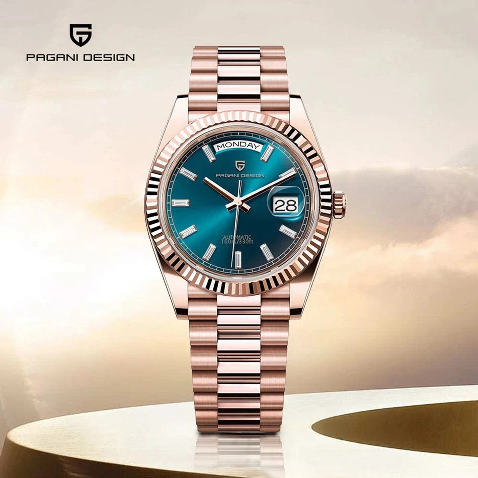 PAGANI DESIGN PD-1783 automatic watch with teal blue dial and rose gold bracelet on podium
