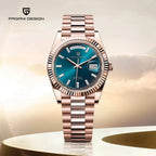 PAGANI DESIGN PD-1783 automatic watch with teal blue dial and rose gold bracelet on podium