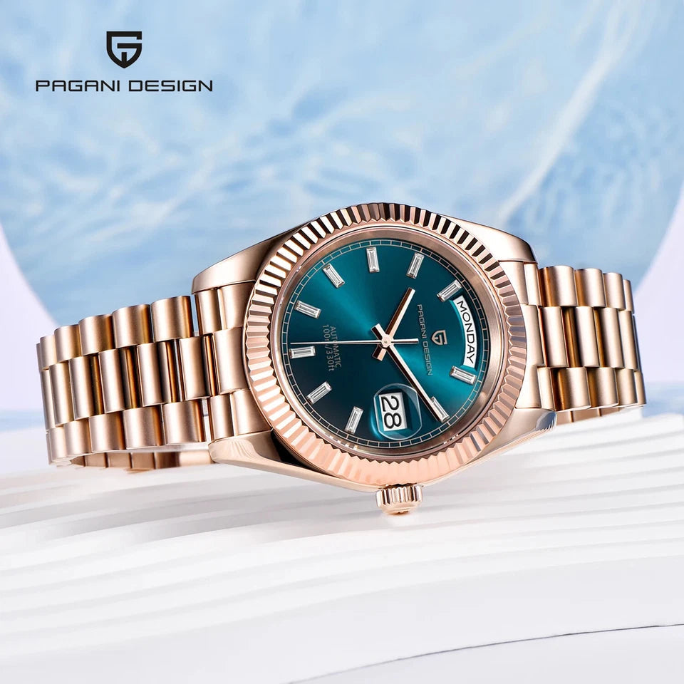 PAGANI DESIGN PD-1783 automatic watch with teal blue dial and rose gold bracelet side view