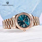 PAGANI DESIGN PD-1783 automatic watch with teal blue dial and rose gold bracelet side view