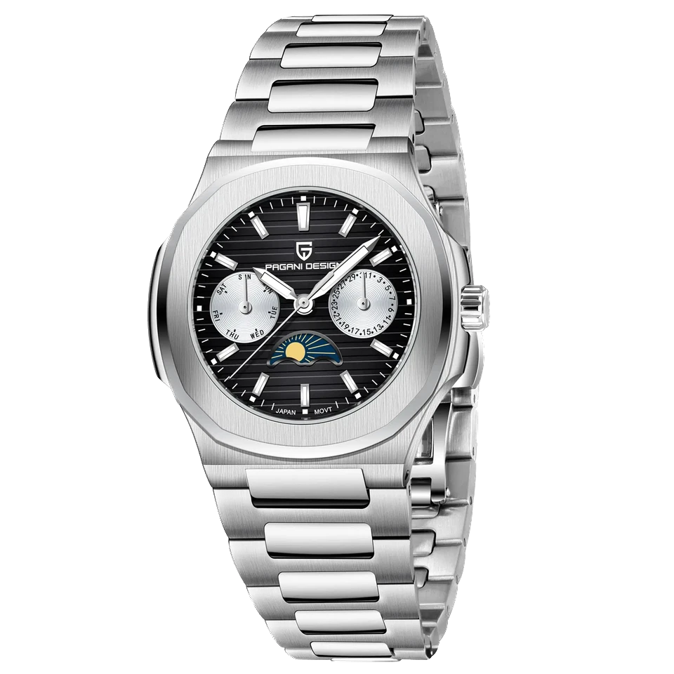 Front view of Pagani Design PD-1786 quartz watch with black dial, moonphase subdial at 6 o'clock, stainless steel bracelet, silver case, and luminous markers, isolated on a transparent background.