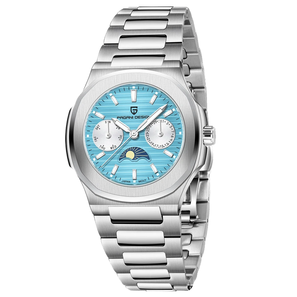 Front view of Pagani Design PD-1786 quartz watch with blue dial, moonphase subdial at 6 o'clock, stainless steel bracelet, silver case, and luminous markers, isolated on a transparent background.