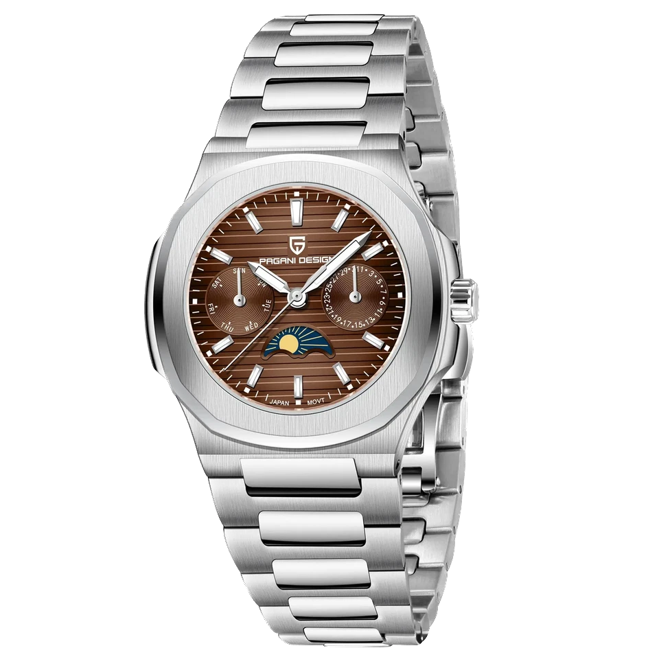 Front view of Pagani Design PD-1786 quartz watch with brown dial, moonphase subdial at 6 o'clock, stainless steel bracelet, and silver case, isolated on a transparent background.