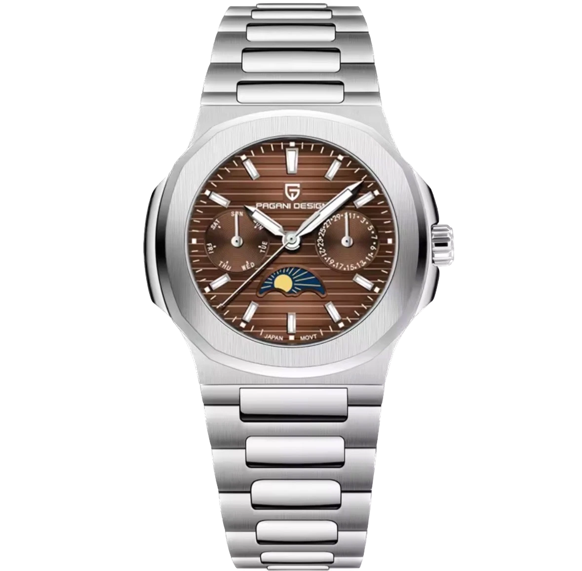 Front view of Pagani Design PD-1786 quartz chronograph watch with brown dial, stainless steel bracelet, silver case, moonphase subdial, and luminous markers, isolated on a transparent background.