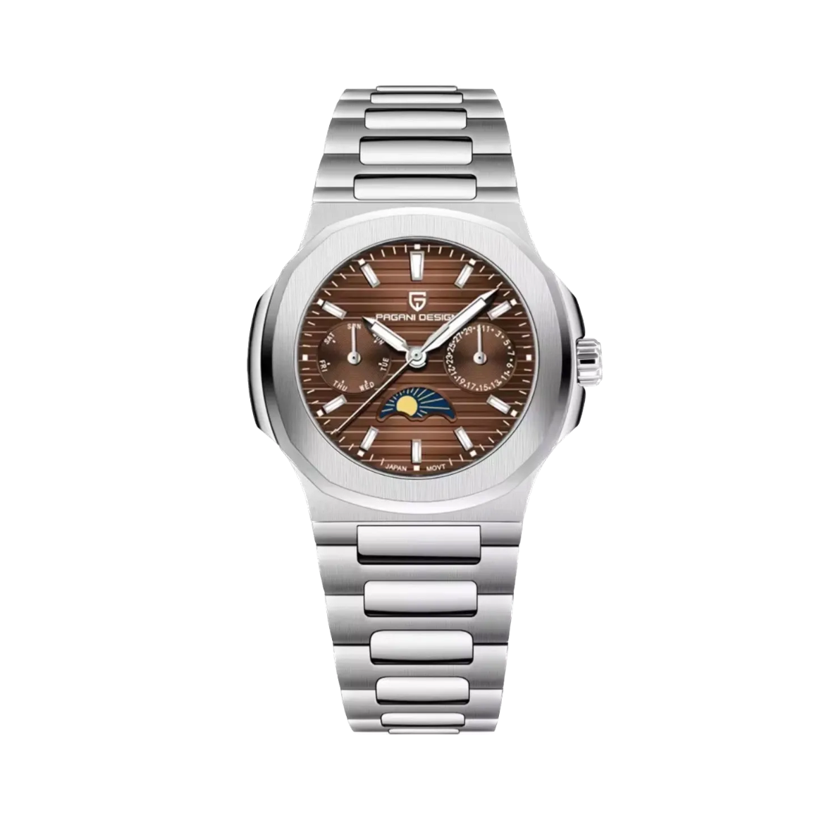 PAGANI DESIGN PD-1786 chronograph moonphase watch with brown dial, front view