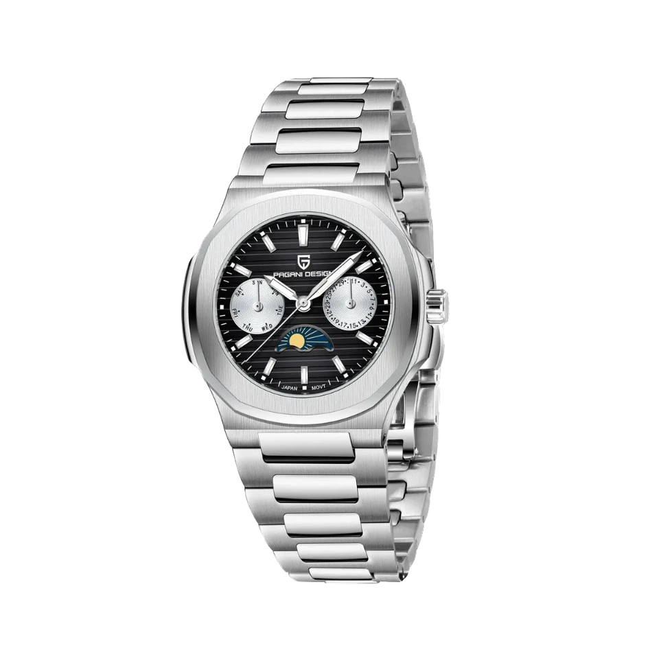 PAGANI DESIGN PD-1786 chronograph moon phase watch with black dial and silver bracelet front