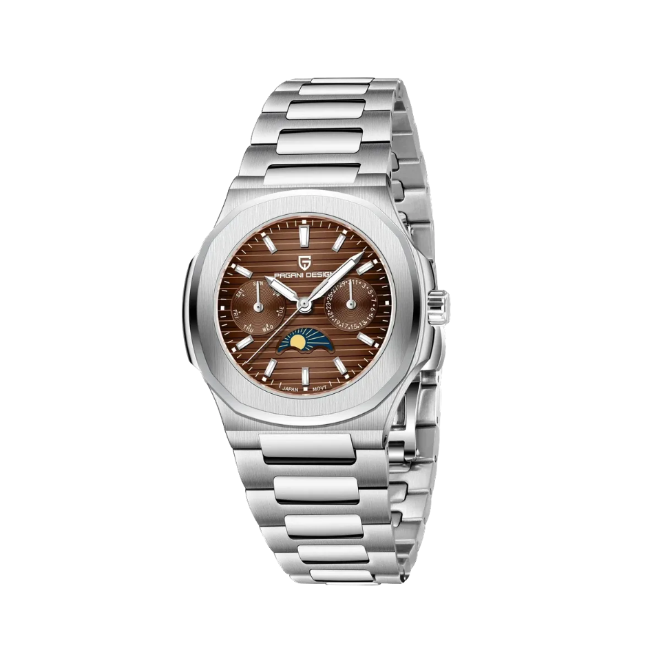PAGANI DESIGN PD-1786 chronograph moon phase watch with brown dial and silver bracelet front