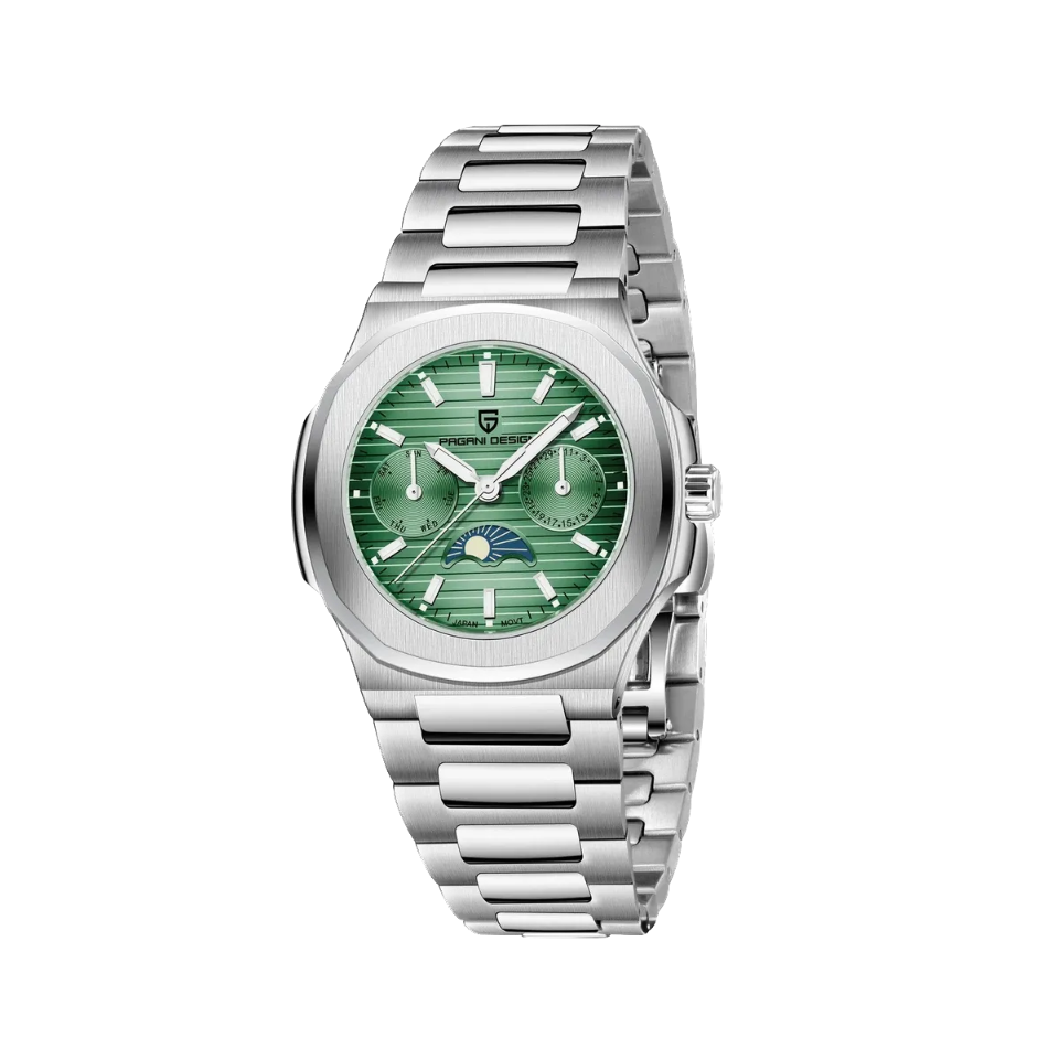PAGANI DESIGN PD-1786 chronograph moon phase watch with green dial and silver bracelet front