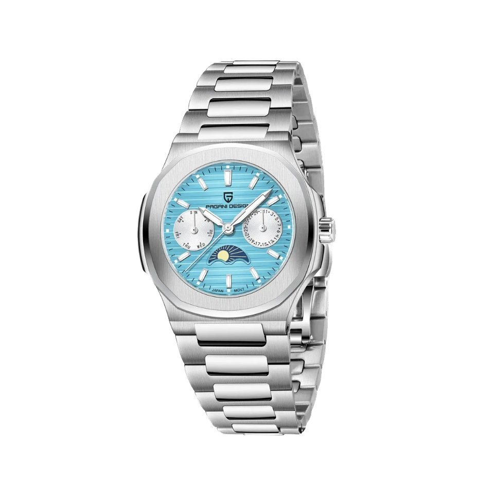 PAGANI DESIGN PD-1786 chronograph moon phase watch with sky blue dial and silver bracelet front