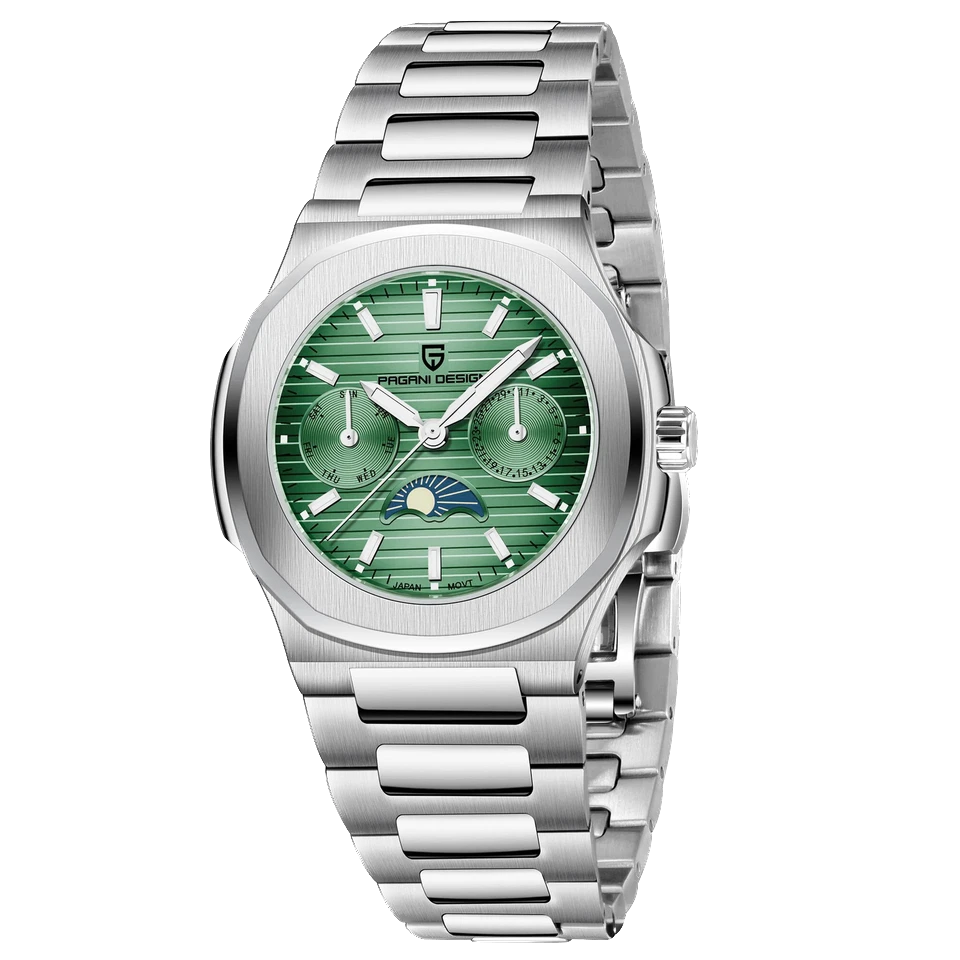 Front view of Pagani Design PD-1786 quartz watch with green dial, moonphase subdial at 6 o'clock, stainless steel bracelet, silver case, and luminous markers, isolated on a transparent background.