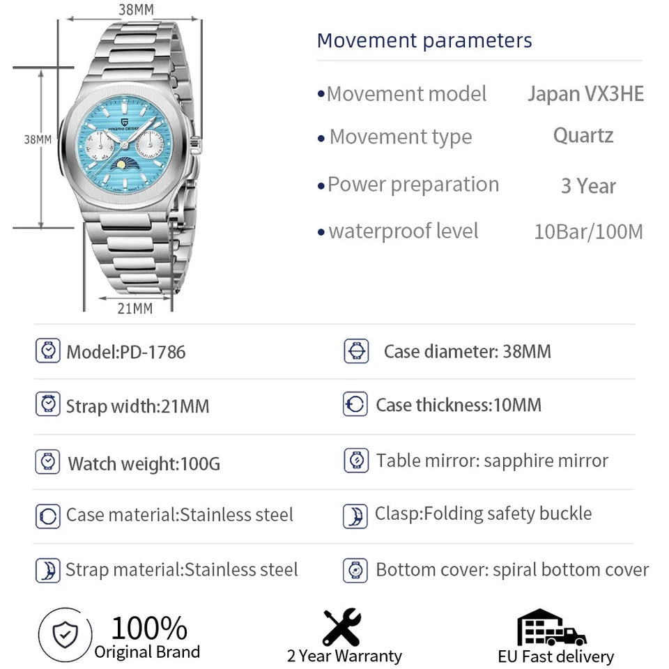 Specifications infographic for Pagani Design PD-1786 quartz chronograph watch showing movement model Japan VX3HE, quartz movement with 3-year power reserve, 100M waterproof rating, case diameter 38mm, strap width 21mm, watch weight 100g, and stainless steel case and strap materials, with icons for original brand warranty and fast delivery.