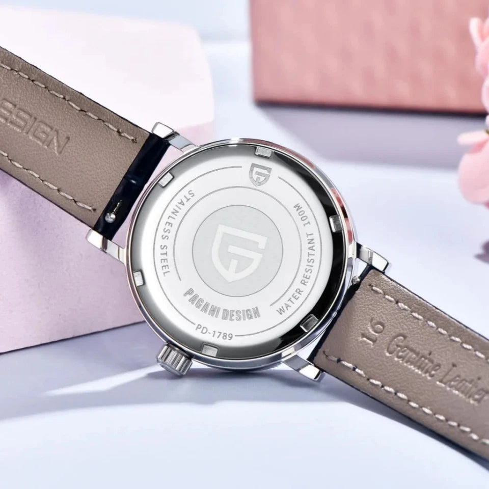 Caseback view of Pagani Design PD-1789 quartz watch silver case brown leather strap with engraved caseback