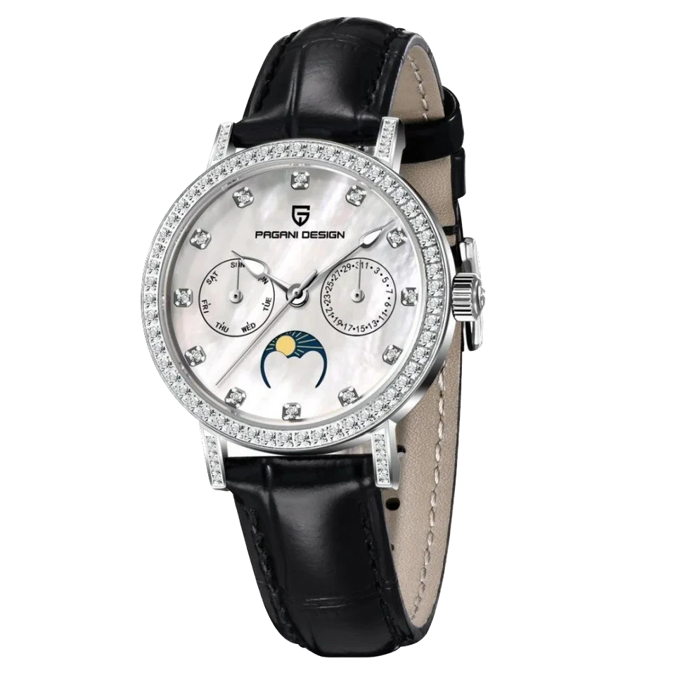 Pagani Design PD-1789 quartz watch white dial silver case black leather strap moonphase front view