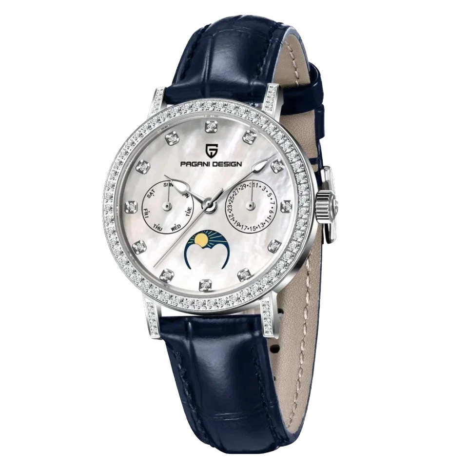 Pagani Design PD-1789 women’s quartz watch white dial silver case blue leather strap moonphase front view