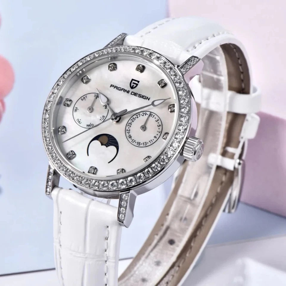 Lifestyle photo of Pagani Design PD-1789 quartz watch white dial silver case white leather strap blue pink background