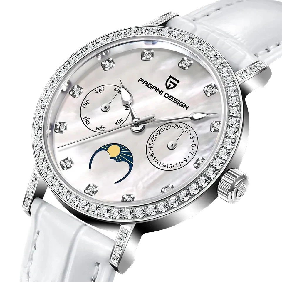 Close-up angled view of Pagani Design PD-1789 quartz watch white dial silver case white leather strap moonphase